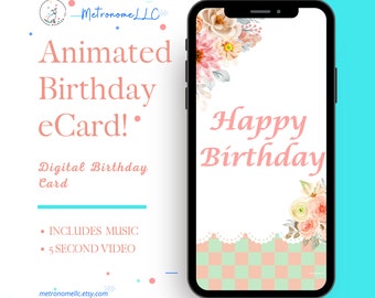Happy Birthday Card For Her, Animated Watercolor Floral Bouquet eCard & Soft Classic Piano Music, Text Message App, Instant Download Gift