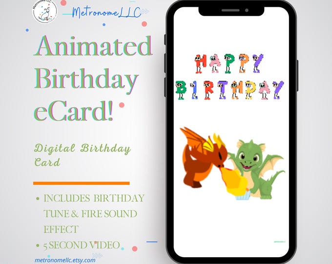 Featured listing image: Kid Happy Birthday Card, Musical Dragon Birthday Card & Fire Sound, Instant Download Digital eCard, Animated Birthday Last Minute Gift. Text