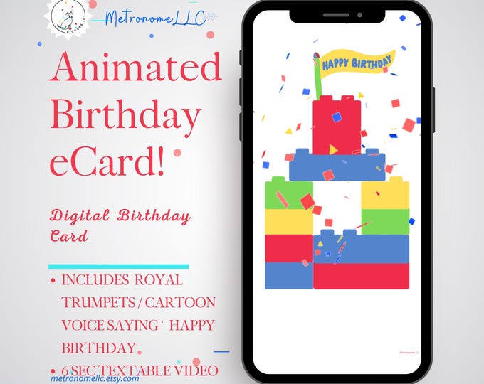 Featured listing image: Kid Birthday Card, Animated Toy Block Castle, Trumpet / Cartoon Voice Wishing Happy Birthday, Last Minute DIY Instant Download Textable Gift