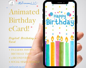 Musical Animated Birthday Card w/ Lit Candles & Happy Birthday Tune, Digital Download eCard, Last Minute Gift, DIY Social Media e-Card DM