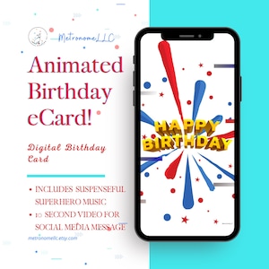 Musical Animated Birthday Card, Superhero Happy Birthday eCard, Last Minute Instant Download Digital eCard Gift, DIY Social Media Message