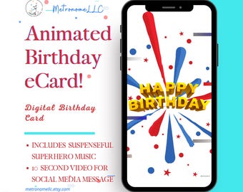 Musical Animated Birthday Card, Superhero Happy Birthday eCard, Last Minute Instant Download Digital eCard Gift, DIY Social Media Message