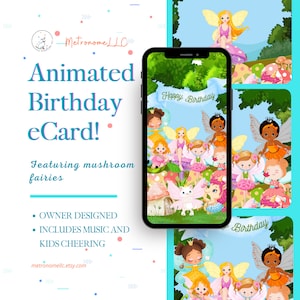 Musical Animated Birthday Card, Girl Mushroom Fairy With Fairy Dust Sound Effects, Happy Birthday eCard, Kid Digital 4K Social Media Video