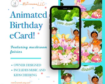 Musical Animated Birthday Card, Girl Mushroom Fairy With Fairy Dust Sound Effects, Happy Birthday eCard, Kid Digital 4K Social Media Video