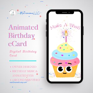 Musical Animated Birthday Card: Make a Wish Cupcake eCard, Last Minute Digital e-Card – Text to Phone, Happy Birthday Song, Cute Eyes, Stars