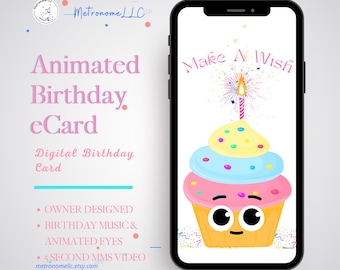 Musical Animated Birthday Card, Cupcake Wish e-Card, Instant Download Digital Birthday eCard, Happy Birthday Song, Last Minute Gift, Texting