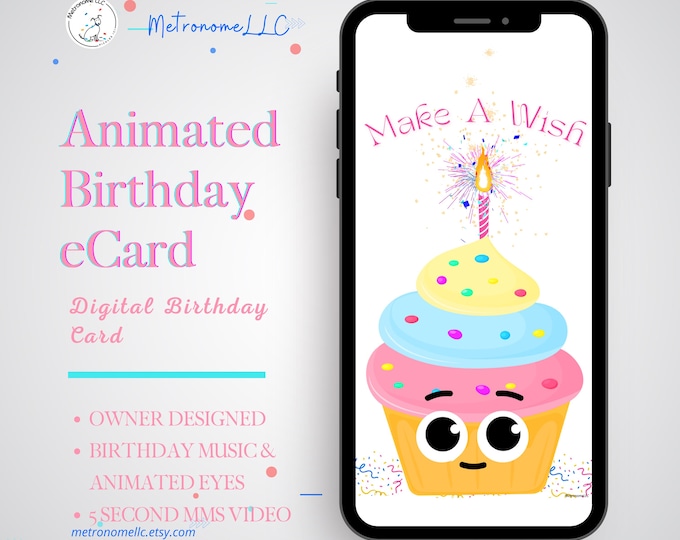Featured listing image: Musical Animated Birthday Card, Cupcake Wish e-Card, Instant Download Digital Birthday eCard, Happy Birthday Song, Last Minute Gift, Texting