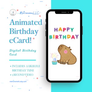 Animated Birthday Card - Capybara Cupcake Instant Download Digital eCard, Sweet Ukulele Birthday Song, Last Minute Gift
