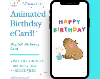 Animated Birthday Card - Capybara Cupcake Instant Download Digital eCard, Sweet Ukulele Birthday Song, Last Minute Gift