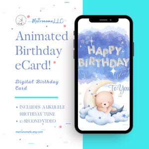 Musical Animated Birthday Card, Baby Bear Sleeping on Cloud, Soft Ukulele Song, Instant Download Digital eCard, DIY Last Minute Text Gift
