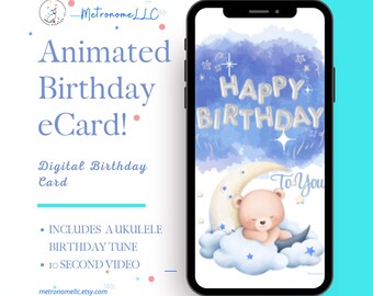 Musical Animated Birthday Card, Baby Bear Sleeping on Cloud, Soft Ukulele Song, Instant Download Digital eCard, DIY Last Minute Text Gift