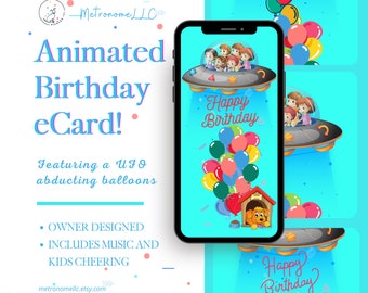 Kid Happy Birthday Card, Space Alien UFO & Cute Dog Balloon, Musical Animated Birthday Digital e-Card, Last Minute Instant Download Gift