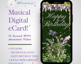 Musical Animated Birthday Card, Dark Cottage Core Floral for Her, Last Minute Digital eCard Gift, DIY Social Media Message, Orchestral Flute