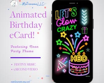 Musical Animated Birthday Card, Neon Happy Birthday Card, Digital e-Card, Instant Download, DIY Social Media Message App, Last Minute Gift