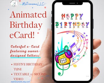 Animated Happy Birthday Card, Colorful eCard Birthday e-Card & Guitar Music, Last Minute DIY Digital Download Gift Personal Social Media Msg
