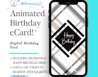 Happy Birthday Card For Men, Digital Plaid Design and Orchestral Happy Birthday Music, Animated Birthday Card For Him, Last Minute DIY Gift