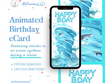 Animated Birthday Card, Shark Cyclone Storm Digital eCard, Ocean Sound Effect, Instant Download Sharks Tornado Last Minute Gift For Him
