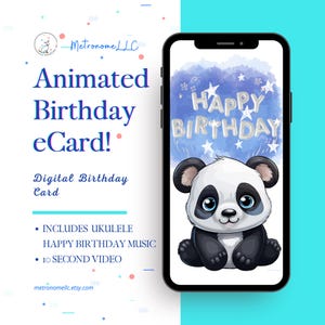 Musical Animated Birthday Card, Baby Panda, Soft Ukulele Song, Instant Download Digital eCard, DIY Last Minute Text or Social Media Gift