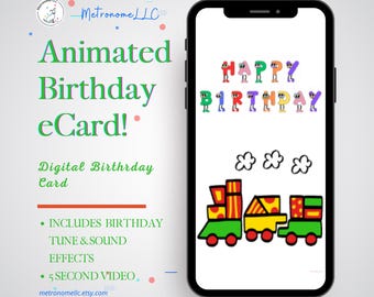 Happy Birthday Card For Kids, Musical Animated eCard & Train Sound Effects, Instant Download, Textable Digital DIY Last Minute Gift