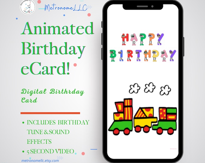 Featured listing image: Happy Birthday Card For Kids, Musical Animated eCard & Train Sound Effects, Instant Download, Textable Digital DIY Last Minute Gift