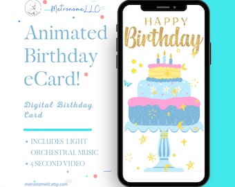 Happy Birthday Card For Her, Musical Animated Birthday eCard, Soft Tune & Sound Effect, Last Minute DIY Text Message, Instant Download Gift