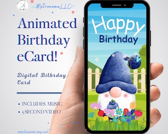 Musical Animated Birthday Card, Digital Download Virtual Gnome e-Card, Happy Birthday Song, Last Minute DIY, Social Media DM / Textable Gift