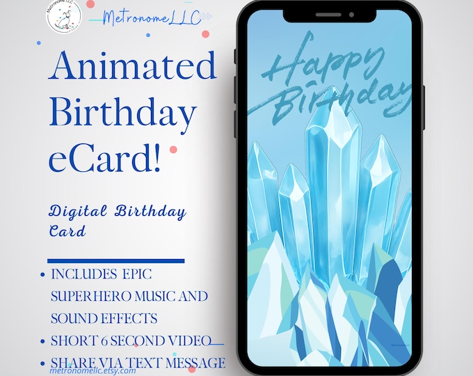 Featured listing image: Musical Animated Birthday Card, Ice Fortress w/ Superhero Music, Happy Birthday e-Card, Last Minute Instant Digital Gift, DIY Text Message