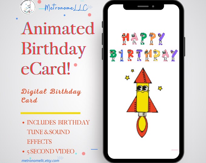 Featured listing image: Happy Birthday Card for Kids, Space Rocket Musical Animated eCard & Sound Effects! Instant Download, Textable Digital DIY Last Minute Gift
