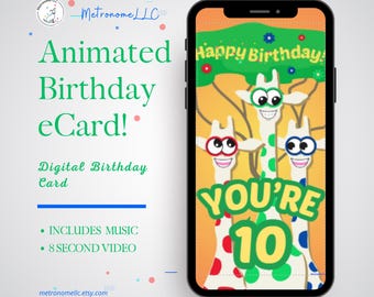 10th Birthday Card, Wacky Giraffe Animated Birthday eCard, Kids Digital Birthday Card & Birthday Song, DIY Social Media or Message App Gift
