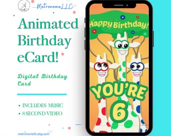 6th Birthday Card, Wacky Giraffe Animated Birthday eCard, Kids Digital Birthday Card & Birthday Song, DIY Social Media or Message App Gift