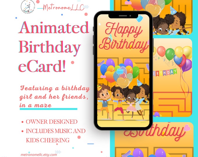 Featured listing image: Musical Animated Birthday Card, Kid Balloon Maze, Festive Music & Children Cheering, Happy Birthday eCard, African American Digital Gift