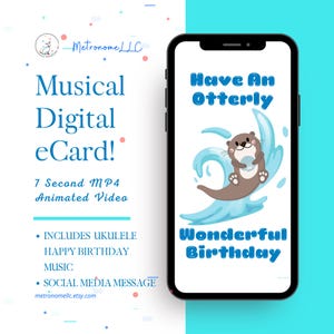 Musical Animated Birthday Card, Otter Instant Download Digital eCard, Ukulele Happy Birthday Song Textable Last Minute MP4 Video DIY Message