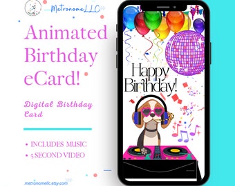 Musical Animated Birthday Card - Instant Download - Digital Greeting Card, Disco DJ Dog BDay eCard, Text Messaging App, Happy Birthday Song