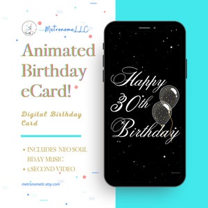 30th Birthday Card, eCard Birthday Card,  Balloon Musical Animated Birthday Card & Neo Soul Music, Last Minute Instant Download Gift