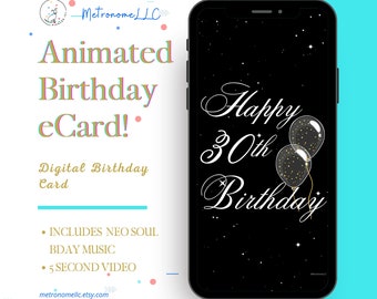 30th Birthday Card, eCard Birthday Card,  Balloon Musical Animated Birthday Card & Neo Soul Music, Last Minute Instant Download Gift