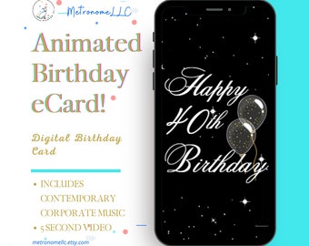 40th Birthday Card, eCard Birthday Card,  Balloon Musical Animated Birthday Card & Contemporary Music, Last Minute Instant Download Gift