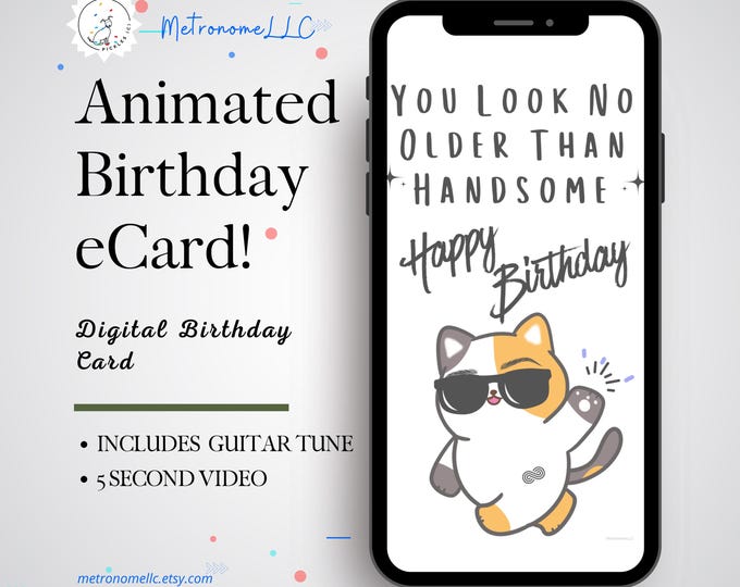 Featured listing image: Happy Birthday Card For Men, Handsome Cat Digital Card, Animated Birthday Card For Him,  Electric Guitar Tune, Last Minute DIY Textable Gift