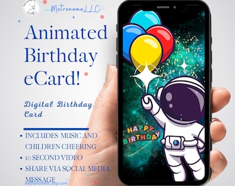 eCard Birthday Card, Space Astronaut Birthday, Festive Music & Children Cheering, Animated Birthday Card, Kids Digital 4K Social Media Video
