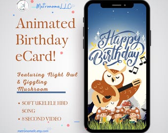 Musical Animated Birthday Card, Night Owl/Mushrooms, Ukulele Happy Birthday Song, Instant Download e-Card, Last Minute Social Media Msg Gift