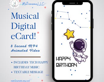 Musical Animated Birthday Card, Space Astronaut & Techie Happy Birthday Song, Instant Download eCard Gift, DIY Last Minute Textable e-Card