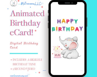 Animated Birthday Card - Baby Elephant Cupcake Instant Download Digital eCard, Sweet Ukulele Birthday Song, Last Minute Gift