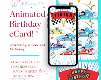 Birthday Card for Boys, Animated Race Car Digital Greeting eCards, Cheerful Music, Kids Cheering, Racing Sound Effect, Colorful Racecars