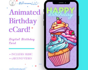 Musical Animated Birthday Card, Happy Birthday Card  - Last Minute Instant Download Digital e-Card, DIY Social Media or Messaging App e-Card