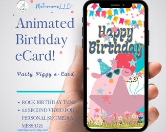 Musical Animated Birthday Card, Digital Download Piggy Party Birthday e-Card, Happy Birthday Tune, Last Minute Gift, Social Media Msg eCard