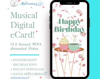 Happy Birthday Card For Her, Musical Animated Rose Petal Cupcake Best Friend eCard, Women DIY Social Media Message, Instant Download Gift