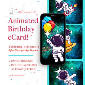 Musical Animated Birthday Card, Space Astronaut Birthday, Outer Space Music & Crowd Cheering Happy Birthday, eCard Birthday Card Gift