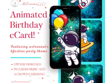 Musical Animated Birthday Card, Space Astronaut Birthday, Outer Space Music & Crowd Cheering Happy Birthday, eCard Birthday Card Gift