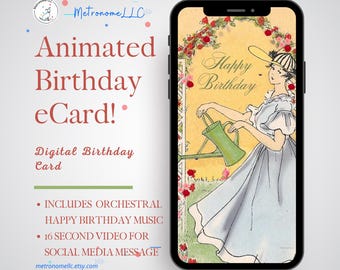Happy Birthday Card For Her, Animated Art Deco Garden eCard & Orchestral Music, Social Media Message, Instant Download Gift, DIY Digital MP4