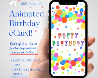 Musical Animated Birthday Card, Colorful Virtual Happy Birthday e-Card with Music, DIY Digital Download eCard, Last Minute Textable Gift