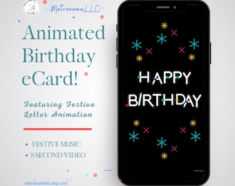 Musical Animated Birthday Card, Instant Download e-Card, Happy Birthday Tune, Last Minute Social Media Msg Gift, Black eCard Birthday Card